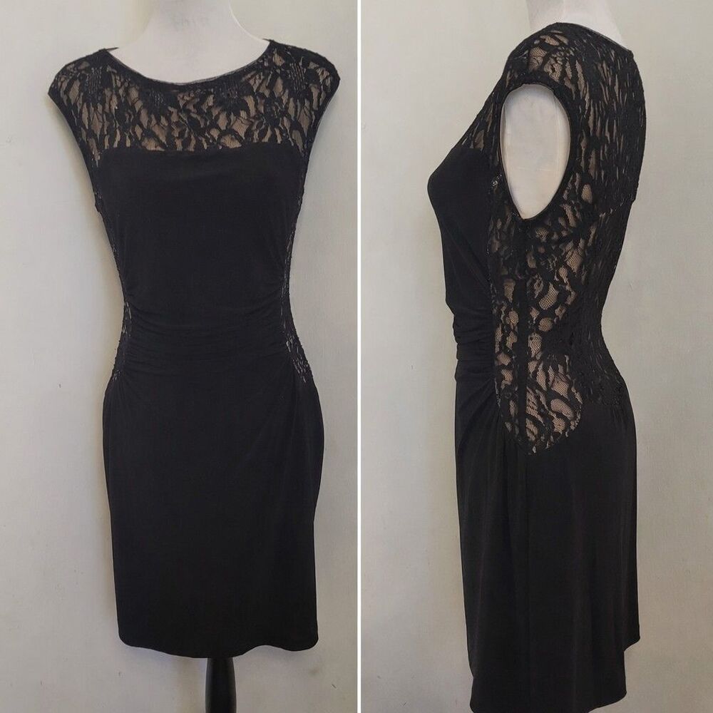 Lauren Ralph Lauren Black Lace Sequin‎ Ruched Sheath Dress Womens Size 8 Stretch